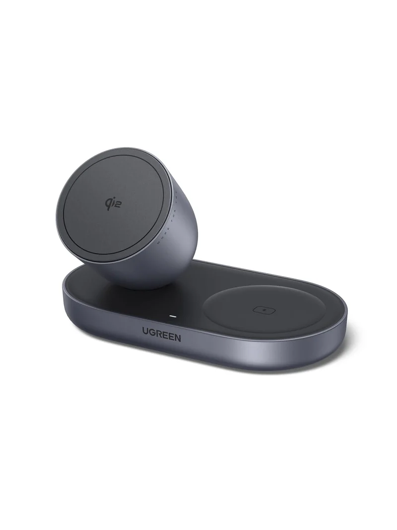 UGREEN MagFlow Qi2 15W Chargeur Induction iPhone 2 en 1 Certifié Ergonomique Compatible avec MagSafe iPhone 17 16 15 14 13 12 Air Plus Pro Max AirPods 4 3 Pro 3 2 1 Chargeur sans Fil Magnétique