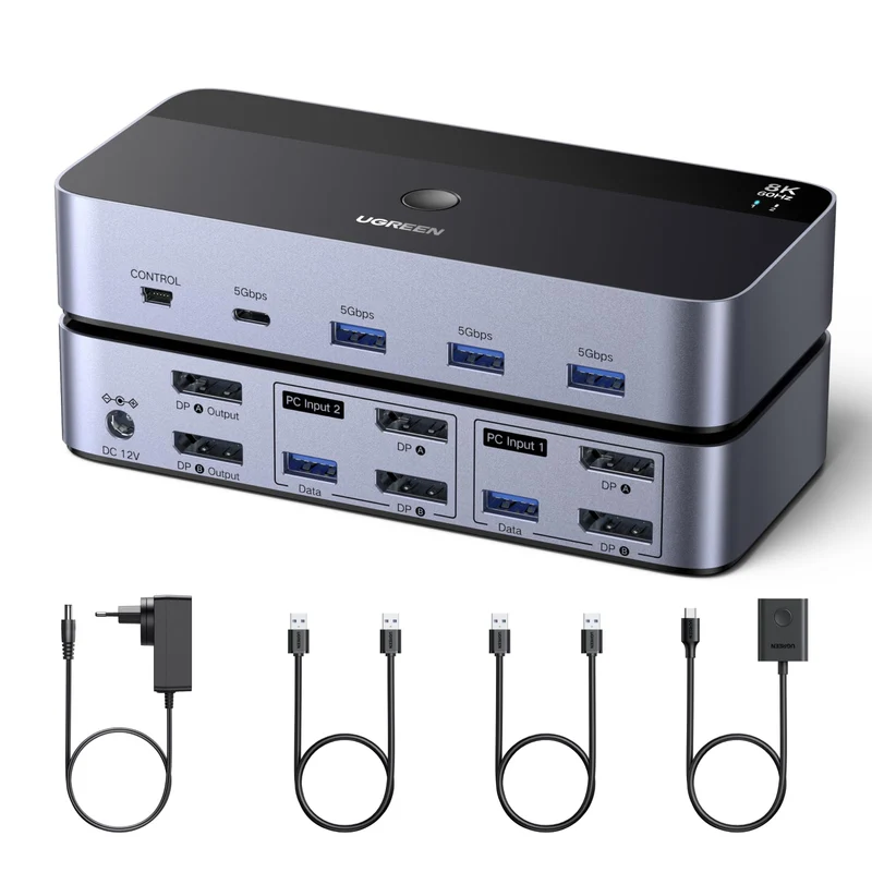 UGREEN Switch KVM DisplayPort 2 Entrées 2 Sorties 8K 60Hz 4K 240Hz Double Affichage Commutateur KVM avec 4 Ports USB 3A1C 5Gbps pour Clavier Souris Disque Dur Contrôleur de Bureau Câbles USB Inclus
