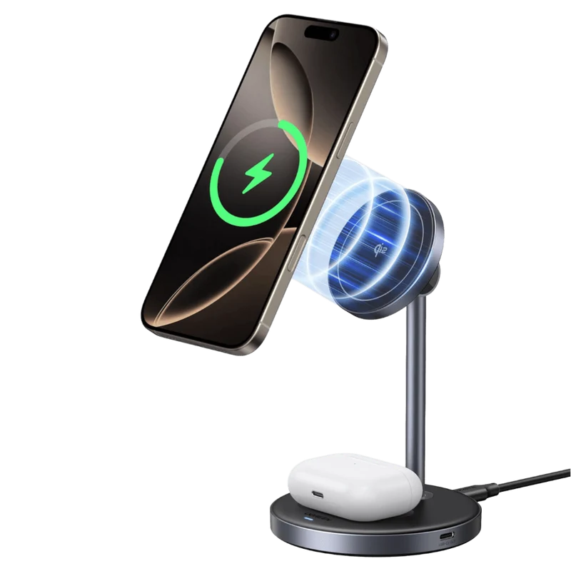 UGREEN MagFlow Chargeur Sans Fil 2-en-1 (Qi2 15W, Compatible MagSafe)