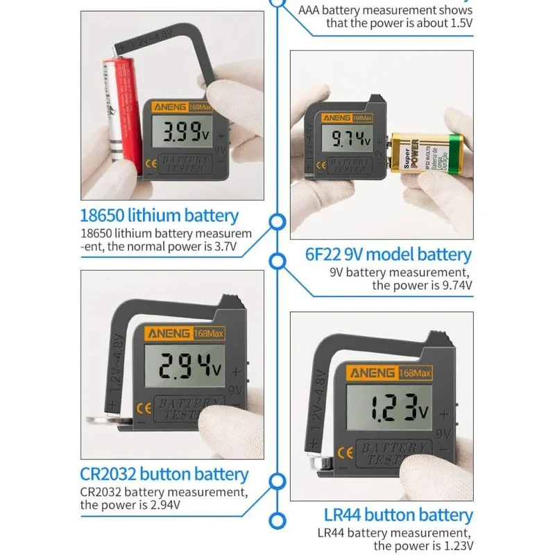 Testeur de Piles Numérique – Compatible AAA AA C D 9V 3V