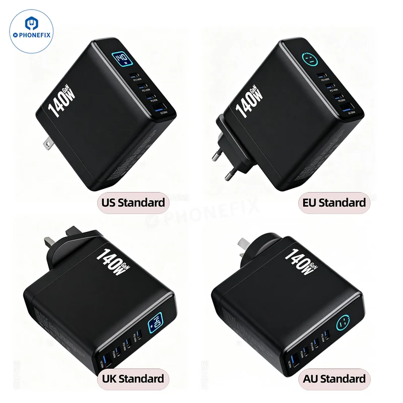 Chargeur GaN PD/QC 140 W avec affichage numérique et prise pliable