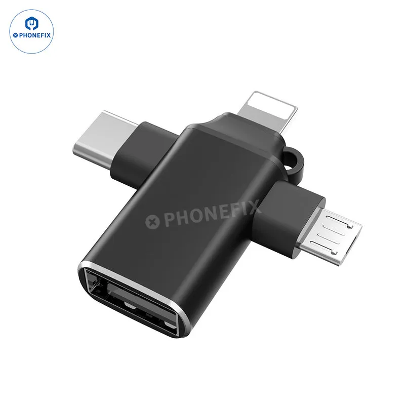 Adaptateur OTG 3-en-1 avec Lightning, Type-C et Micro USB pour téléphone et tablette