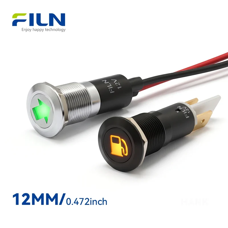12mm Metal LED Indicator Light with Symbols & Wires | 12-24V