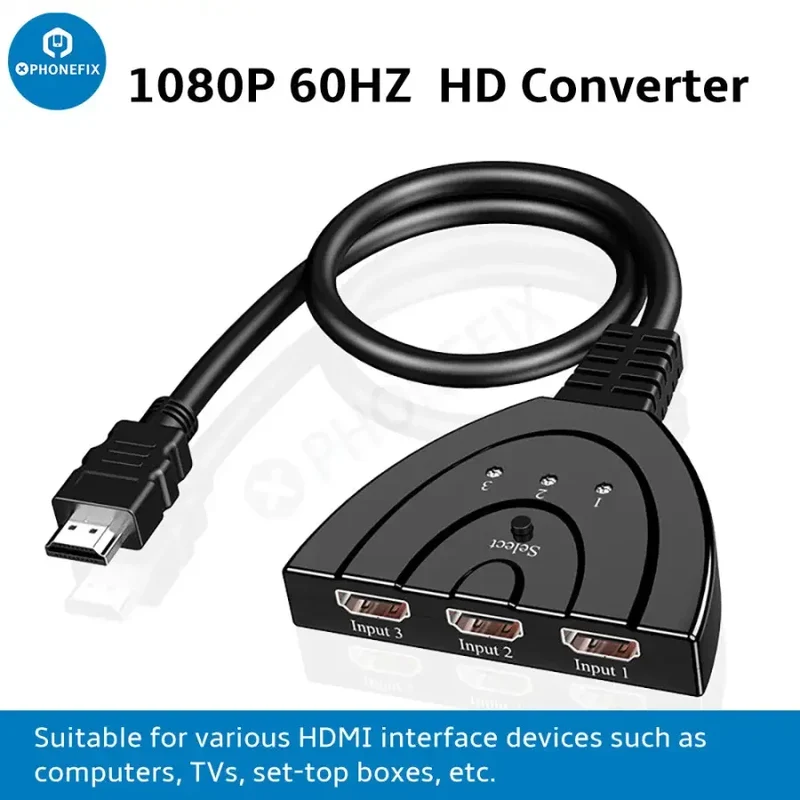 Commutateur automatique multi-écrans HDMI 3 entrées 1 sortie avec câble HDMI de 0.4 m